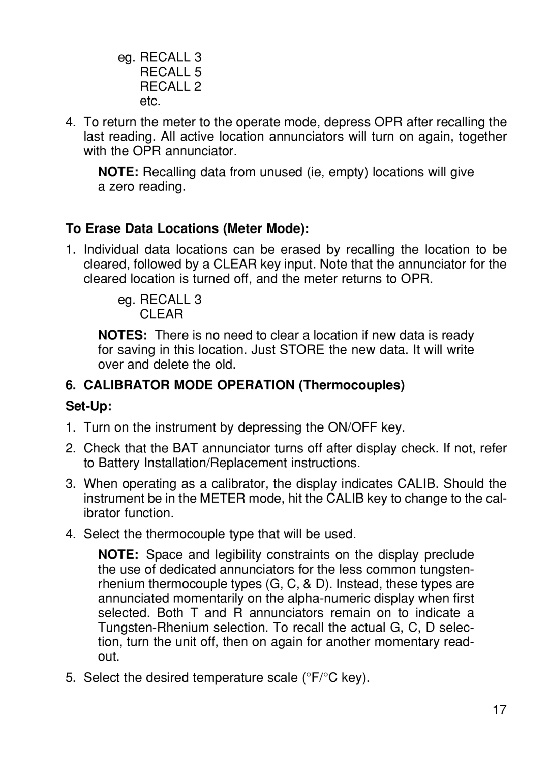 Omega CL26, CL24, CL25, CL27, CL23A manual To Erase Data Locations Meter Mode, Calibrator Mode Operation Thermocouples Set-Up 