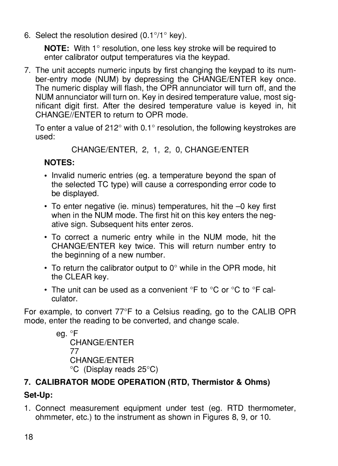 Omega CL24, CL25, CL27, CL26 CHANGE/ENTER, 2, 1, 2, 0, CHANGE/ENTER, Calibrator Mode Operation RTD, Thermistor & Ohms Set-Up 