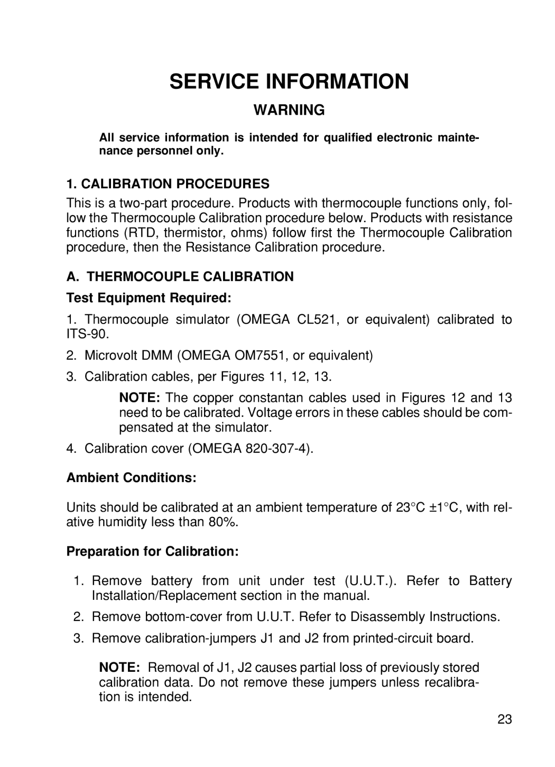 Omega CL24, CL25, CL27, CL23A Service Information, Calibration Procedures, Thermocouple Calibration Test Equipment Required 