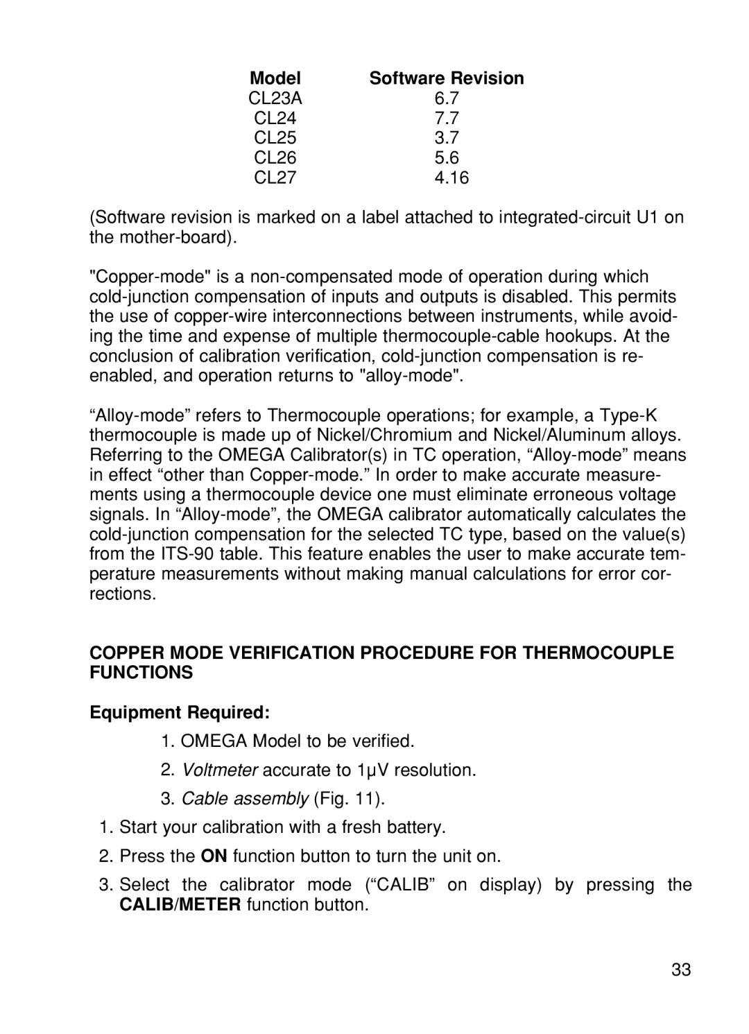 Omega CL24, CL25, CL27, CL23A, CL26 manual Model Software Revision, Equipment Required 