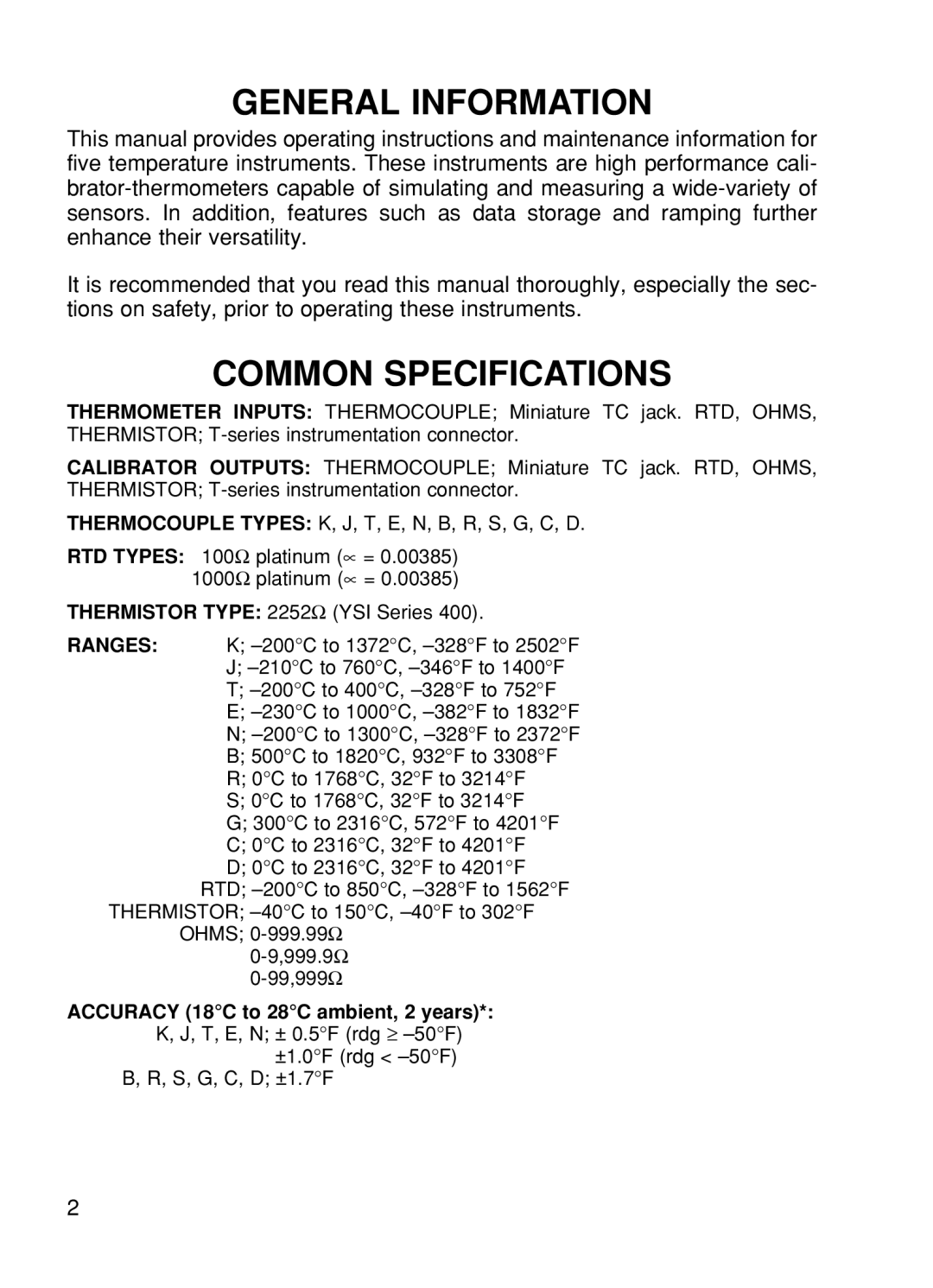 Omega CL26, CL24, CL25, CL27, CL23A manual General Information, Common Specifications 