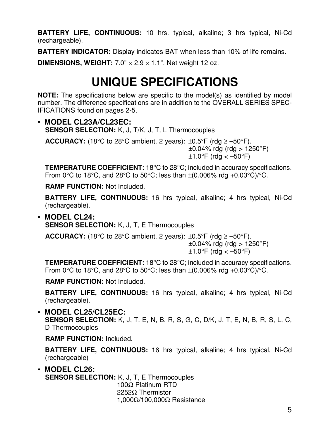 Omega CL27 manual Unique Specifications, Model CL23A/CL23EC, Model CL24, Model CL25/CL25EC, Model CL26 