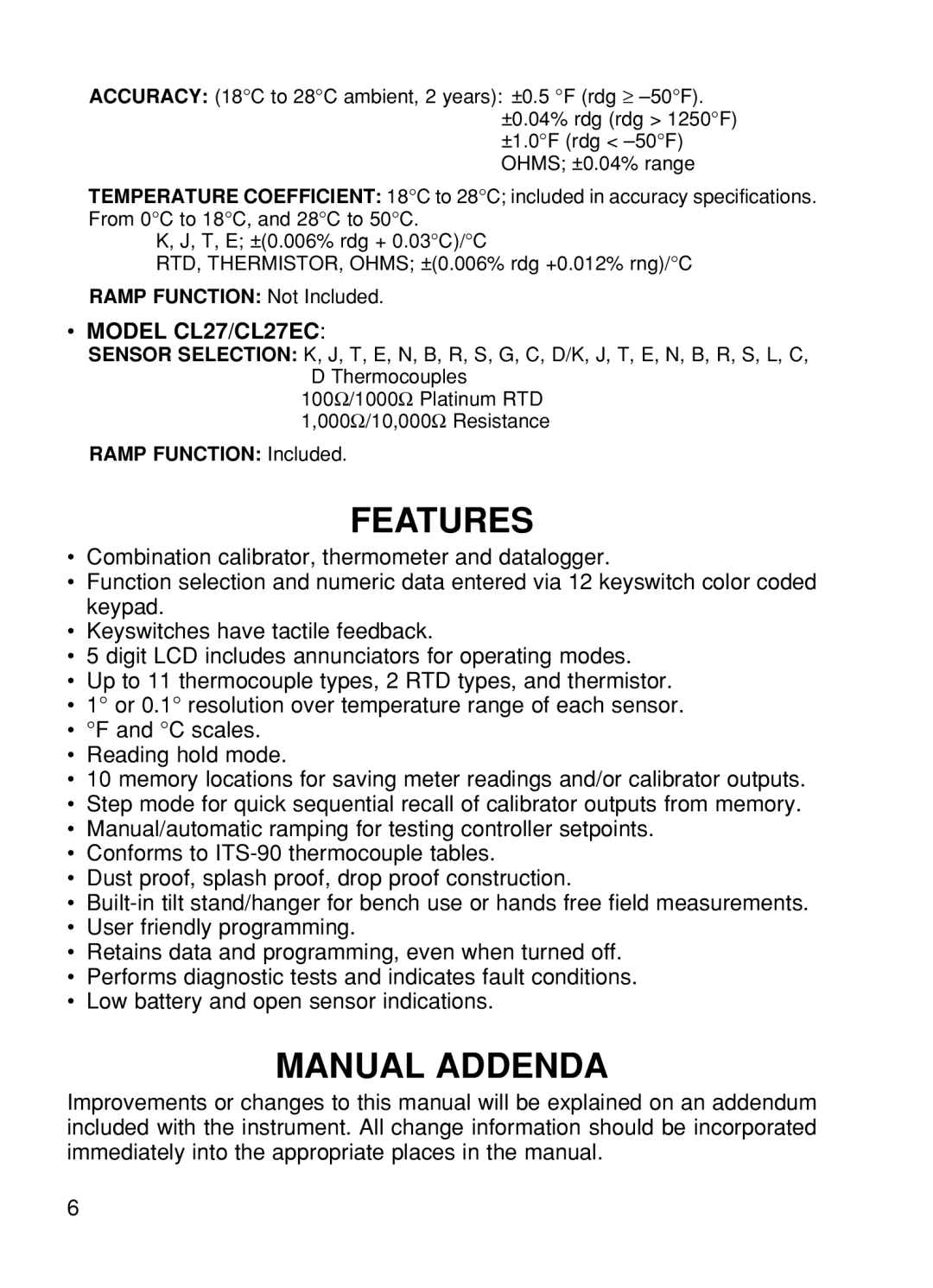 Omega CL23A, CL24, CL25, CL26 manual Features, Manual Addenda, Model CL27/CL27EC 