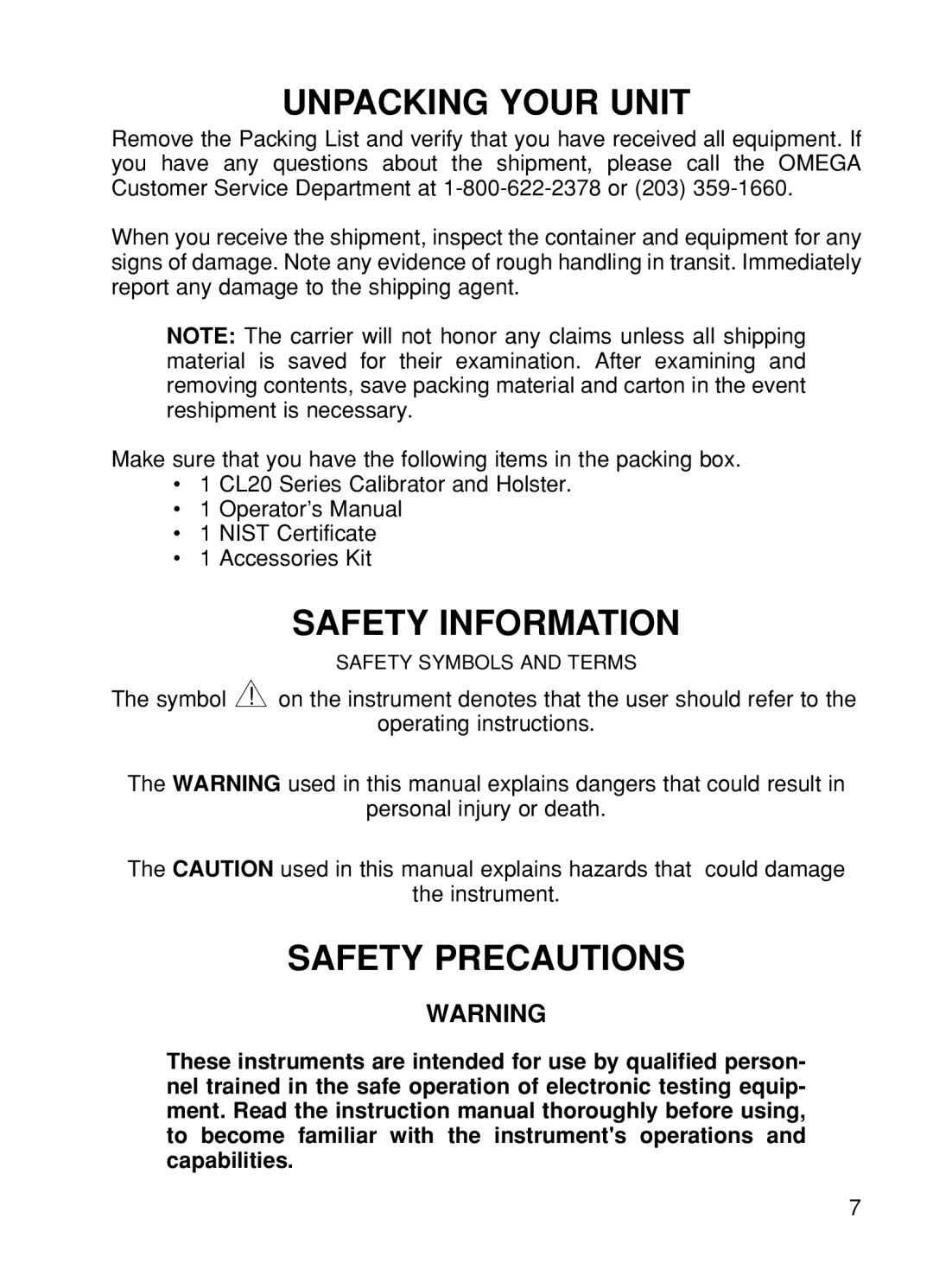 Omega CL26, CL24, CL25, CL27, CL23A manual Unpacking Your Unit, Safety Information, Safety Precautions 