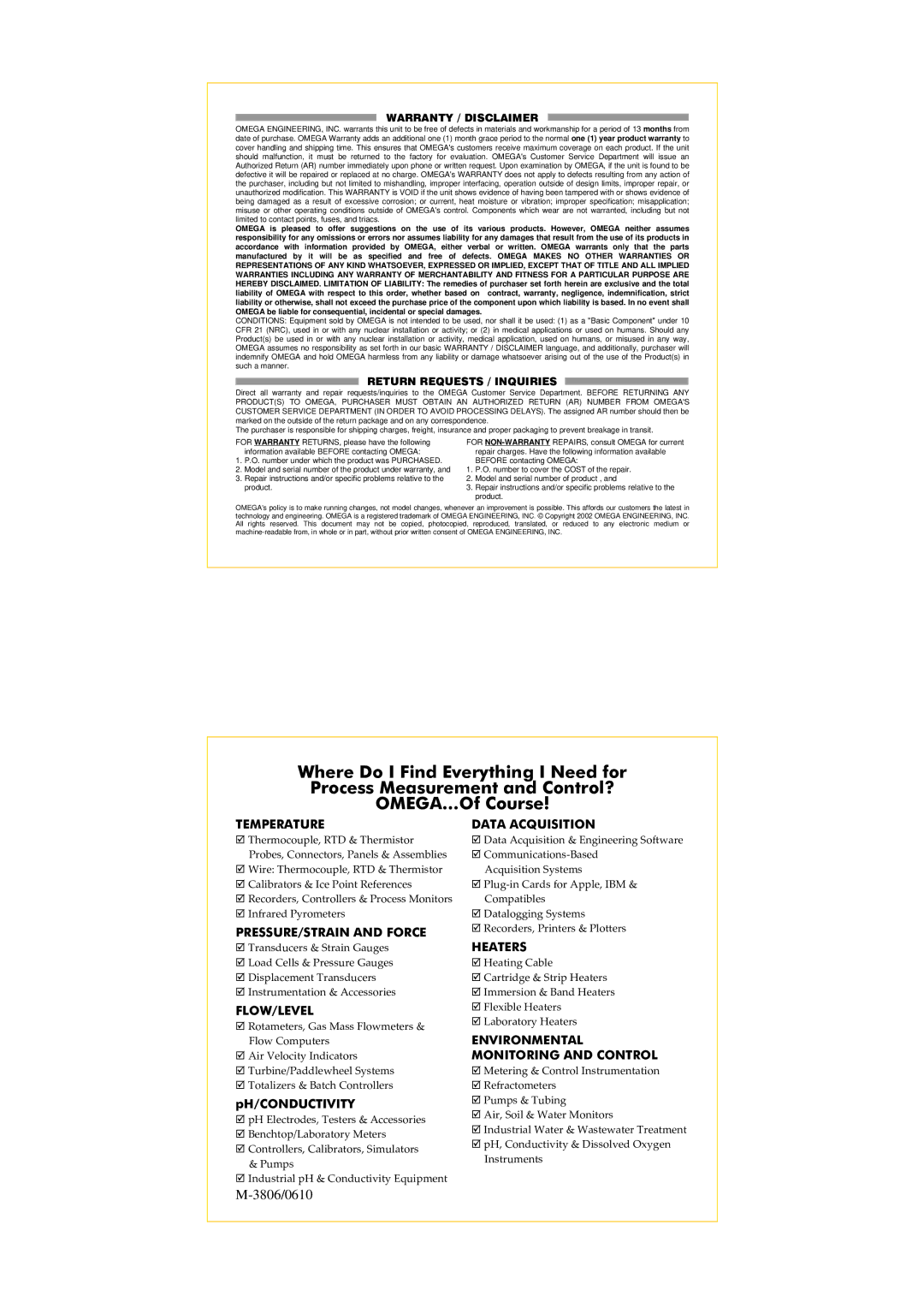 Omega CL3512A specifications 3806/0610 