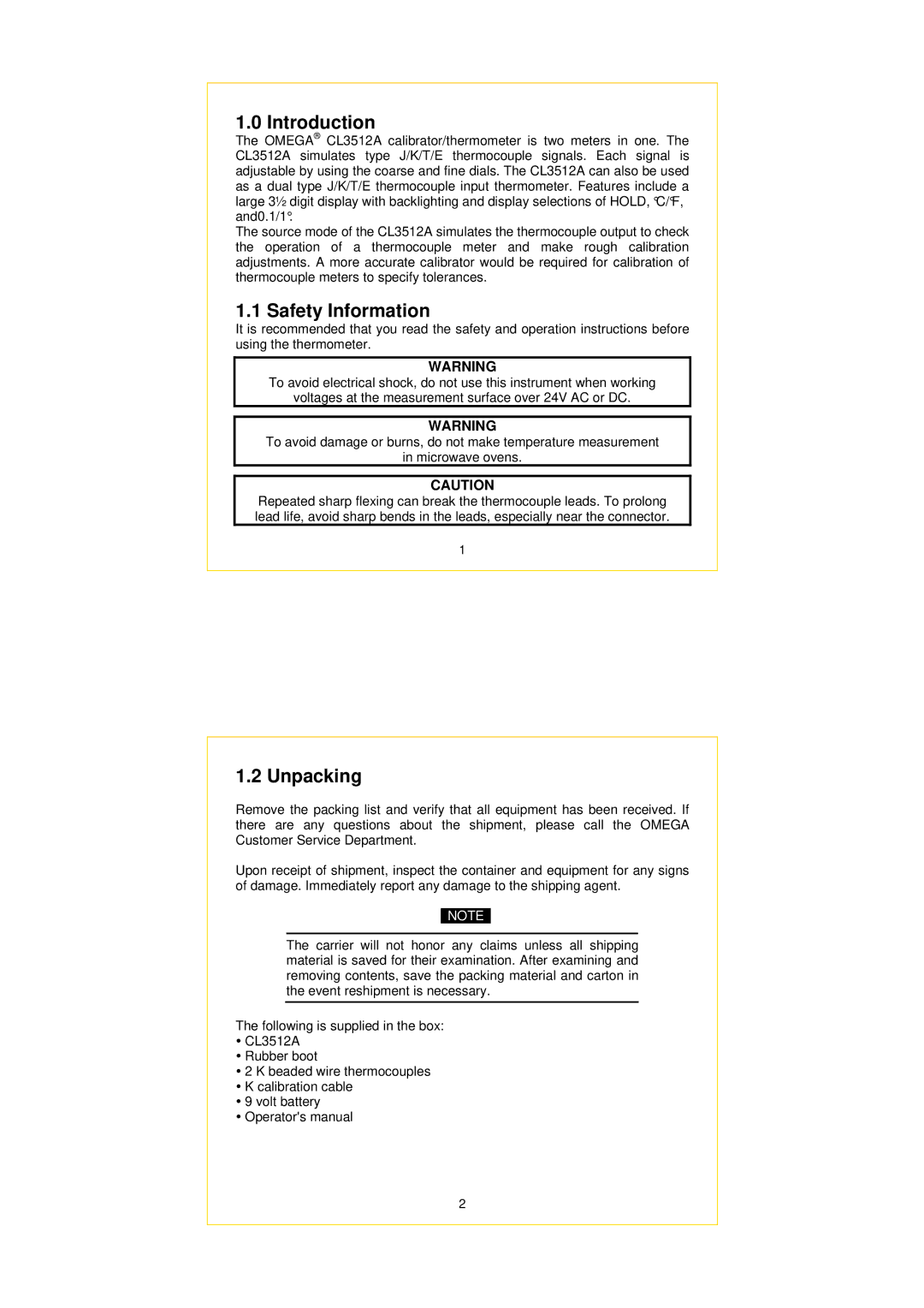 Omega CL3512A specifications Introduction, Safety Information, Unpacking 