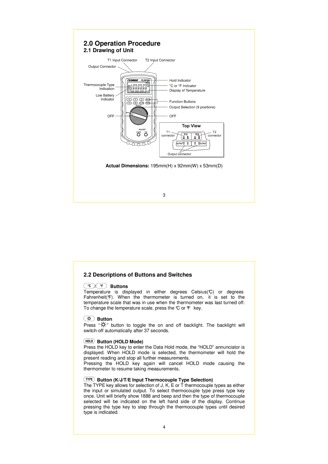 Omega CL3512A specifications Operation Procedure, Drawing of Unit, Descriptions of Buttons and Switches 