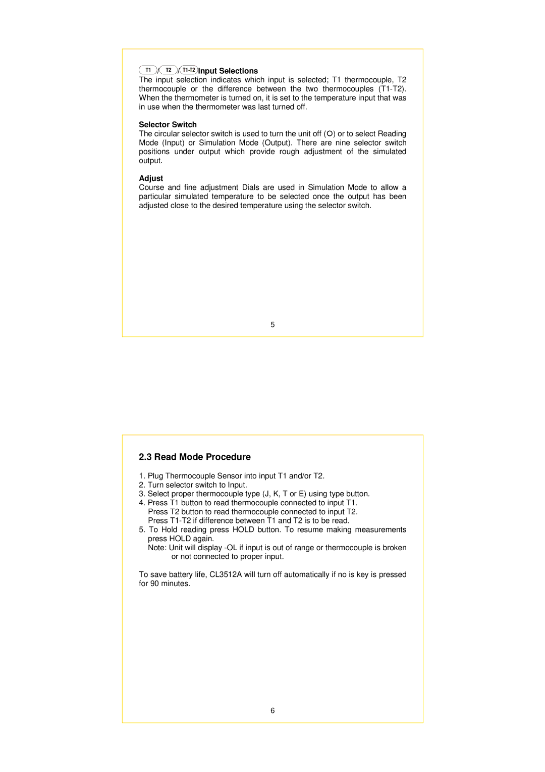 Omega CL3512A specifications Read Mode Procedure, Input Selections, Selector Switch, Adjust 