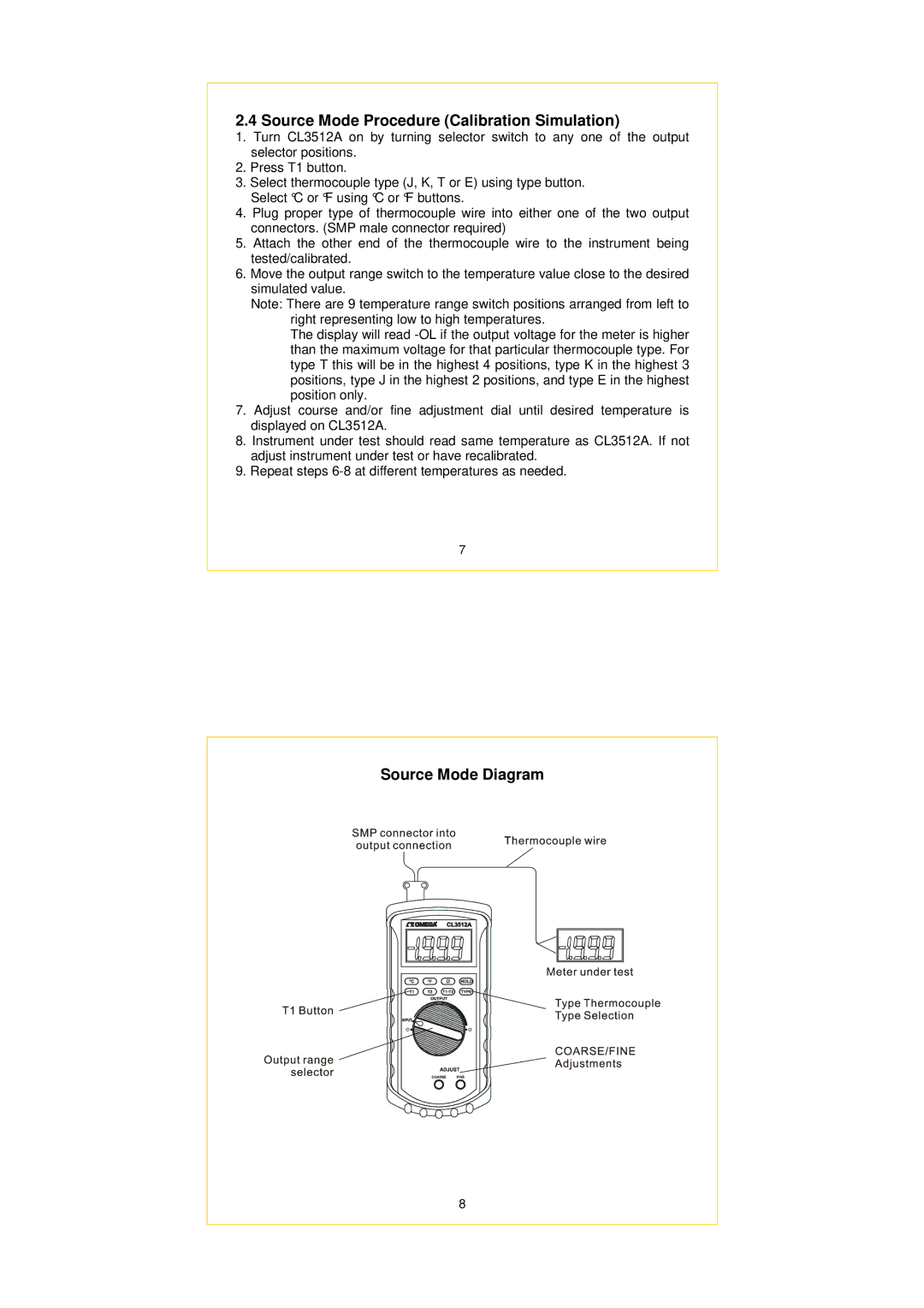 Omega CL3512A specifications Source Mode Procedure Calibration Simulation 