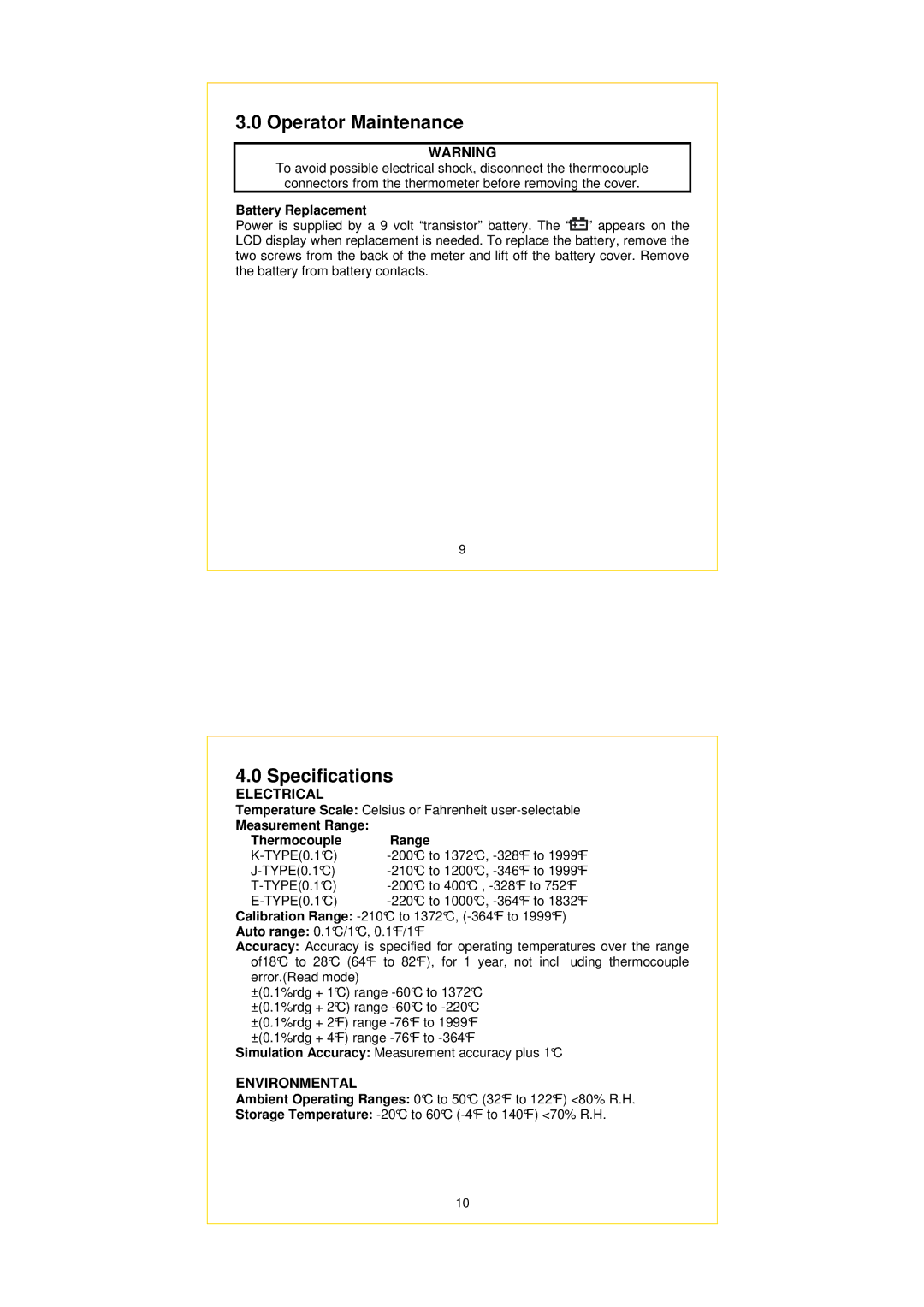 Omega CL3512A specifications Operator Maintenance, Specifications, Battery Replacement, Measurement Range Thermocouple 