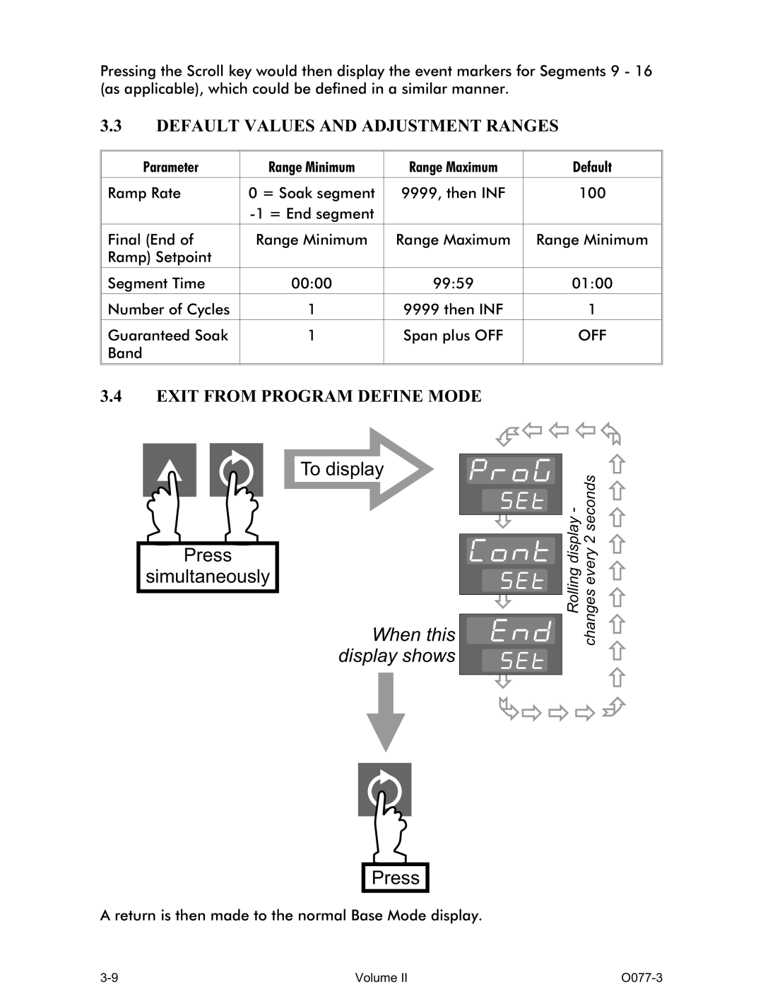 Omega CN1166 manual Default Values and Adjustment Ranges, Exit from Program Define Mode 