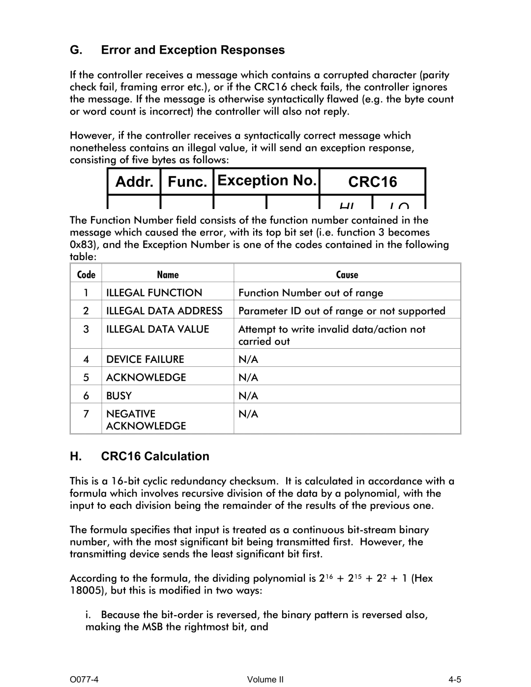 Omega CN1166 manual Error and Exception Responses, CRC16 Calculation 