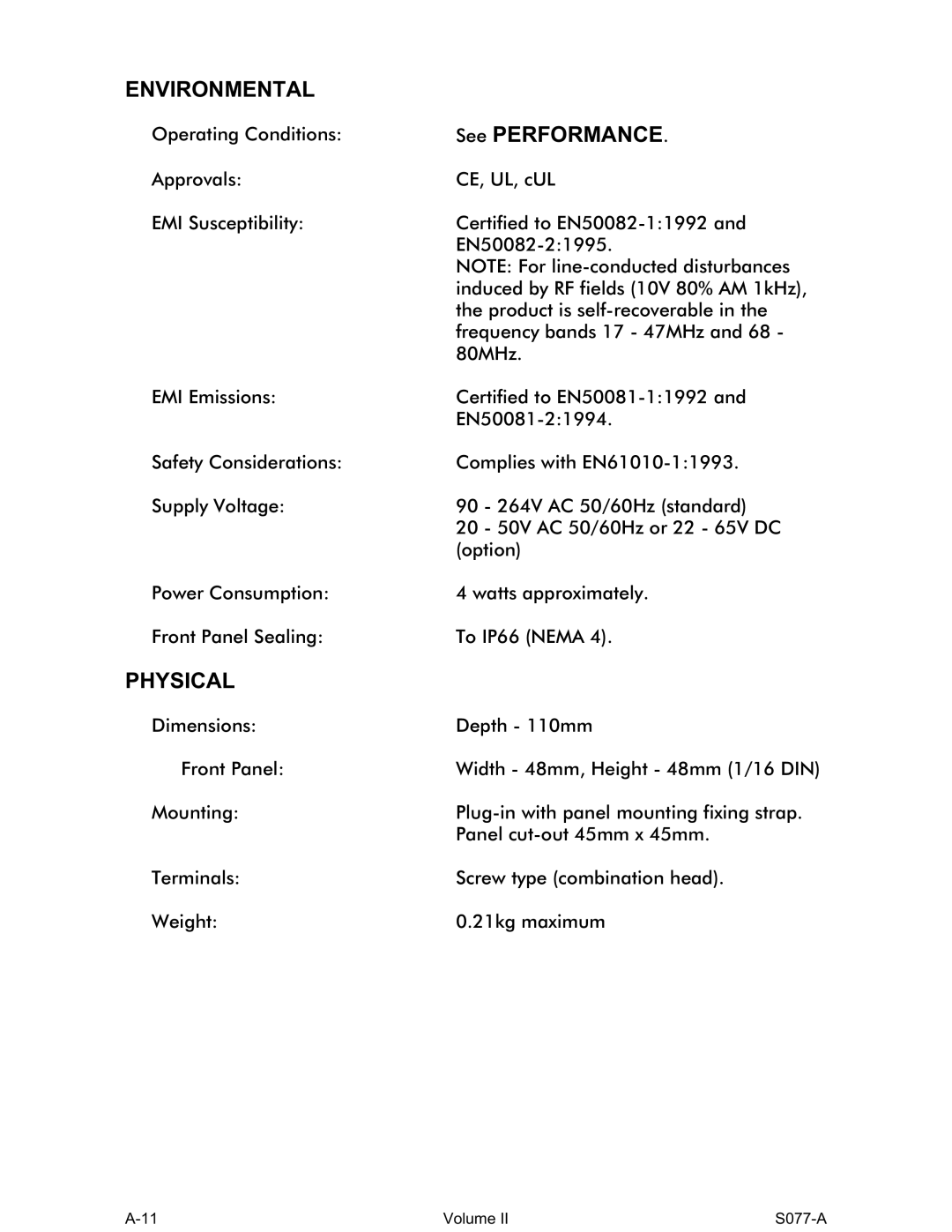 Omega CN1166 manual Environmental, See Performance, Physical 