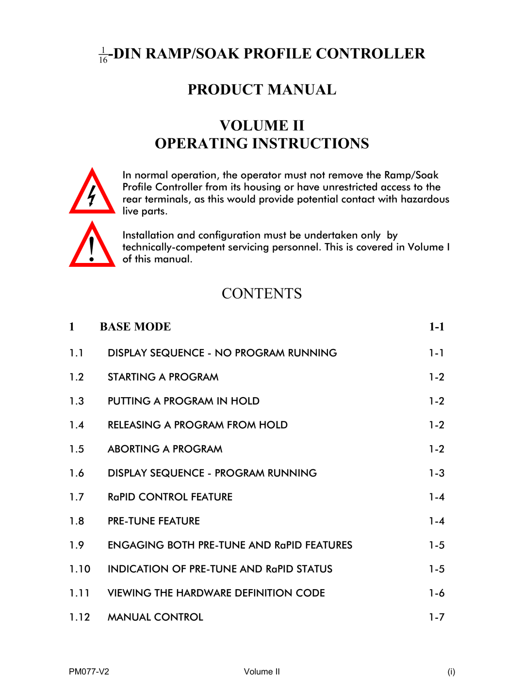 Omega CN1166 manual Operating Instructions, Base Mode, Din Ramp/Soak Profile Controller Product Manual Volume, Contents 