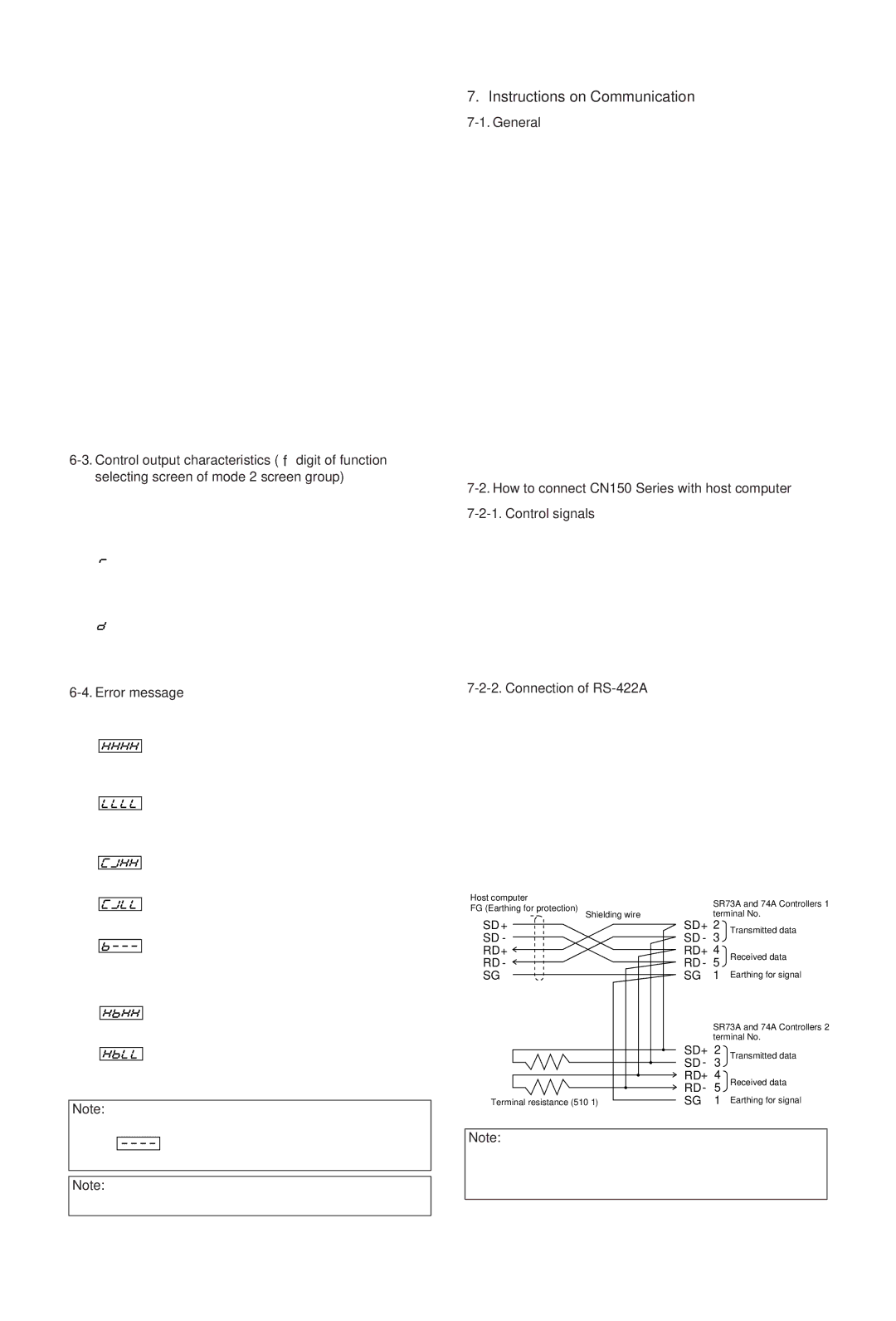 Omega CN154, CN155, CN158, CN159 manual Instructions on Communication, Error message, General, Connection of RS-422A 