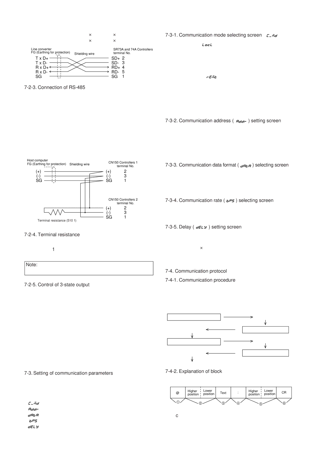 Omega CN155 Connection of RS-485, Terminal resistance, Control of 3-state output, Setting of communication parameters 