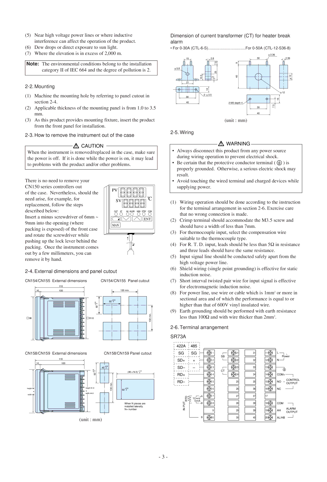 Omega CN155 Dimension of current transformer CT for heater break alarm, Mounting, External dimensions and panel cutout 