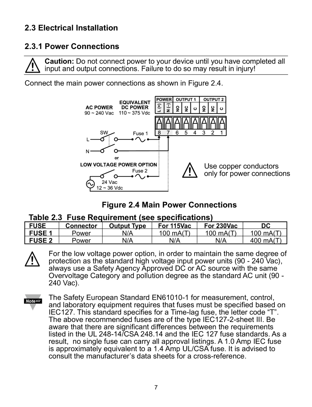 Omega CNI8DH, CNI8DV Electrical Installation Power Connections, Main Power Connections Fuse Requirement see specifications 