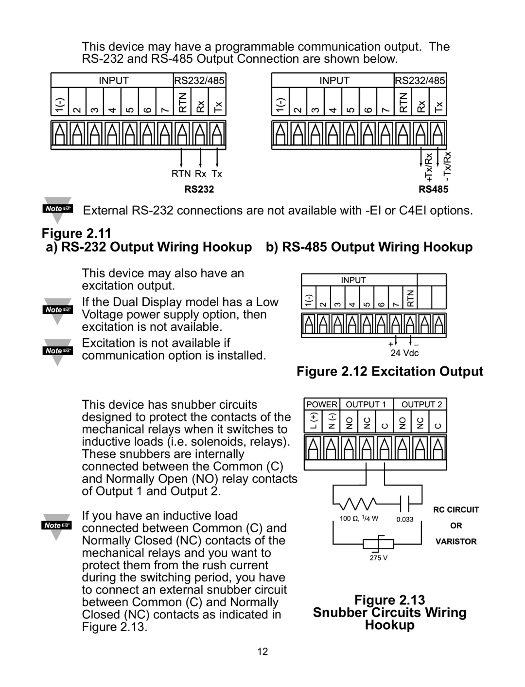 Omega CNI16D, CNI8DV, CNI8C, CNI32 RS-232 Output Wiring Hookup b RS-485 Output Wiring Hookup, Snubber Circuits Wiring Hookup 