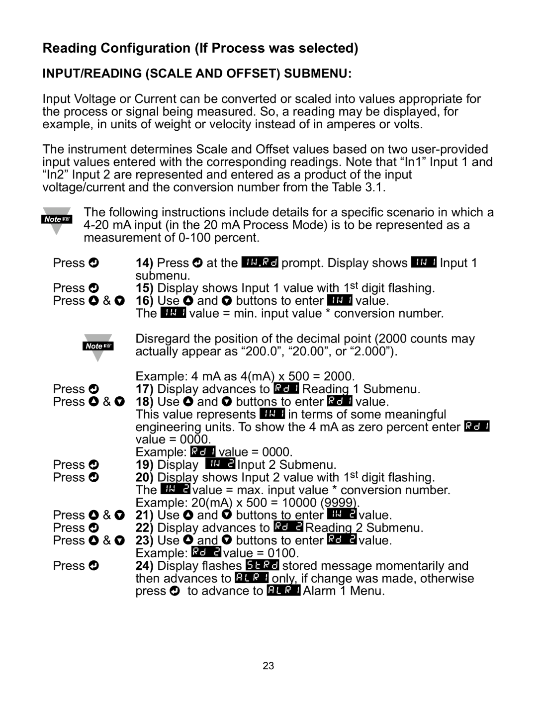 Omega CNI8DV, CNI16D, CNI8C, CNI8DH Reading Configuration If Process was selected, INPUT/READING Scale and Offset Submenu 