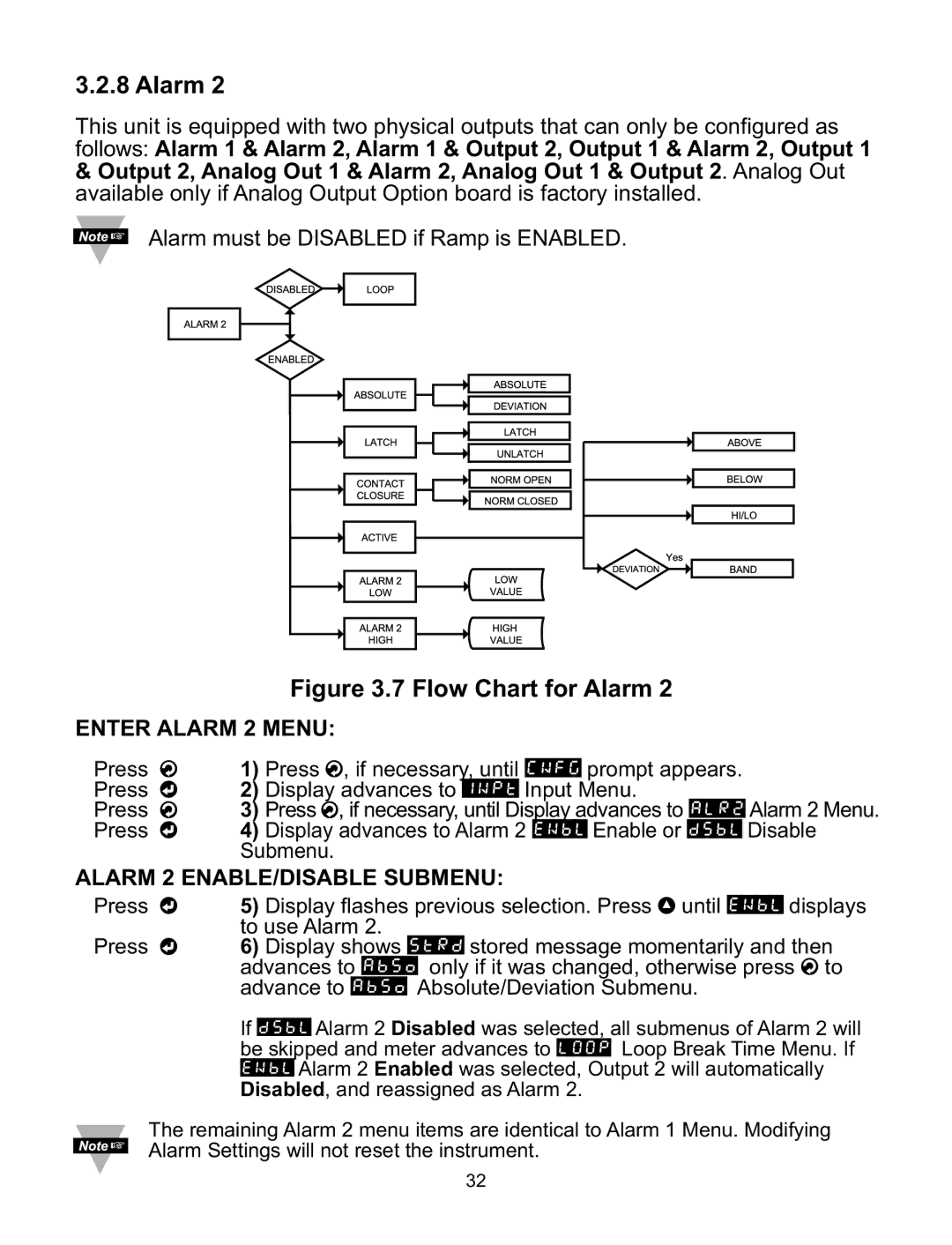 Omega CNI8DV, CNI16D, CNI8C, CNI8DH, CNI32 manual Enter Alarm 2 Menu, Alarm 2 ENABLE/DISABLE Submenu 