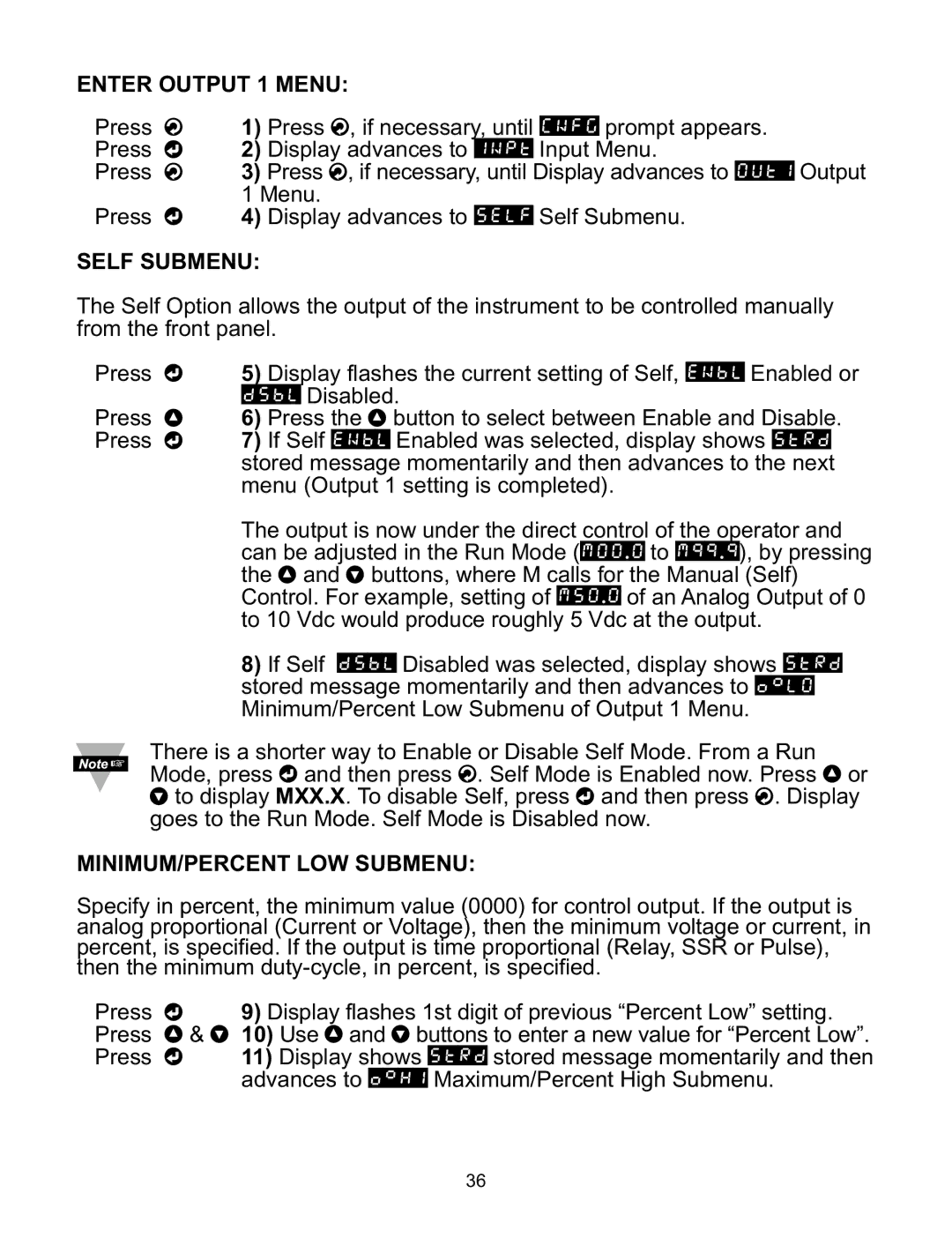 Omega CNI32, CNI8DV, CNI16D, CNI8C, CNI8DH manual Enter Output 1 Menu, Self Submenu, MINIMUM/PERCENT LOW Submenu 