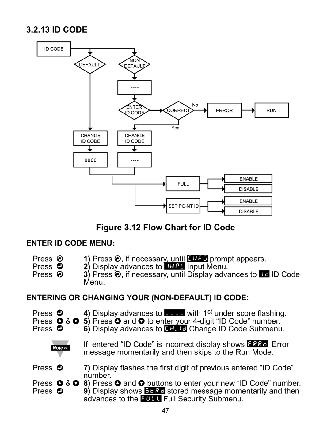 Omega CNI16D, CNI8DV, CNI8C, CNI8DH, CNI32 manual Enter ID Code Menu, Entering or Changing Your NON-DEFAULT ID Code 