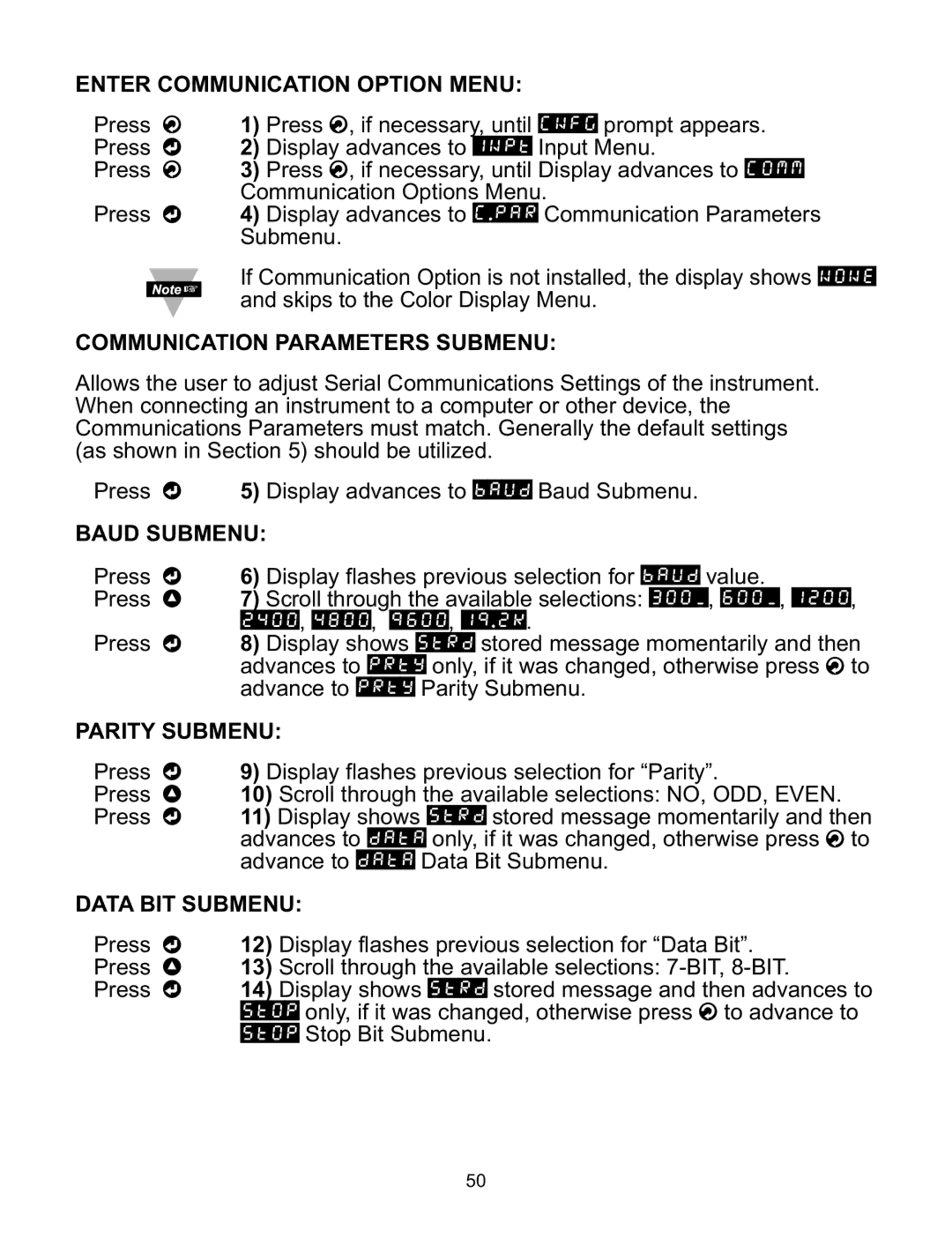 Omega CNI32, CNI8DV, CNI16D Enter Communication Option Menu, Communication Parameters Submenu, Baud Submenu, Parity Submenu 