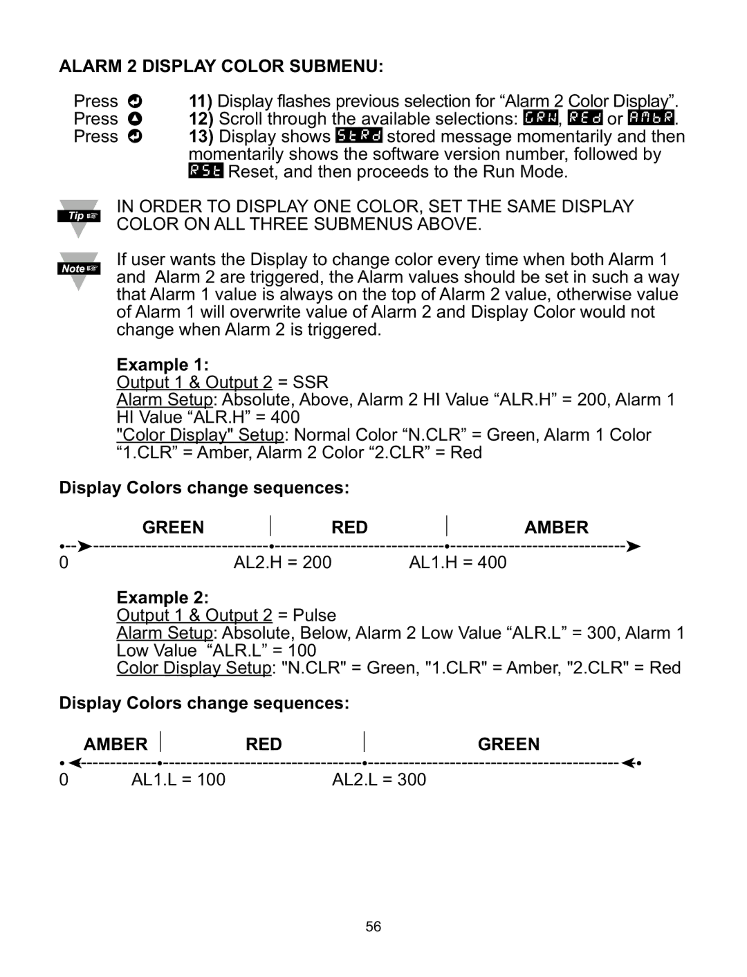 Omega CNI8DH Alarm 2 Display Color Submenu, Example, Display Colors change sequences, Green RED Amber, Amber RED Green 