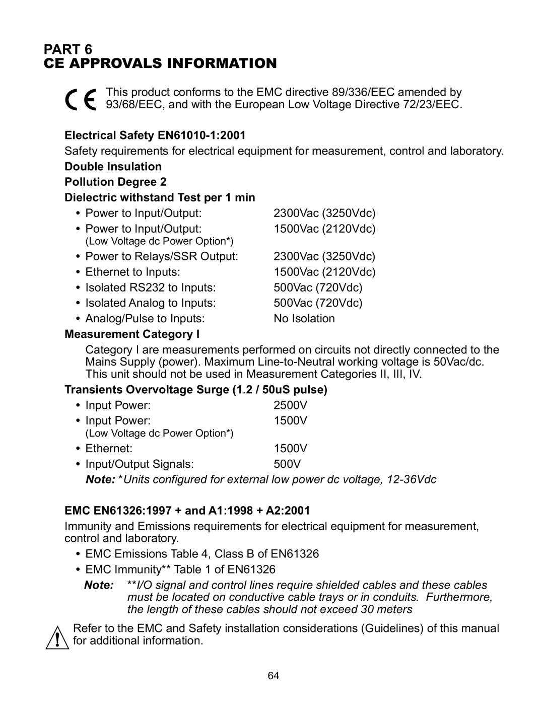 Omega CNI32, CNI8DV, CNI16D, CNI8C, CNI8DH manual Part CE Approvals Information, Measurement Category 