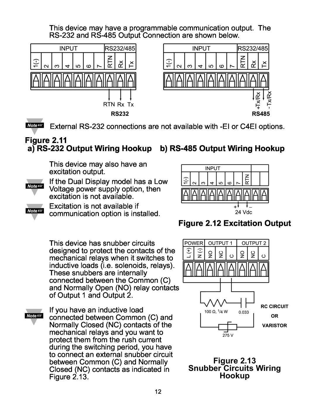 Omega CNI16D, CNI8DV, CNI8C, CNI8DH, CNI32 a RS-232 Output Wiring Hookup b RS-485 Output Wiring Hookup, 12 Excitation Output 