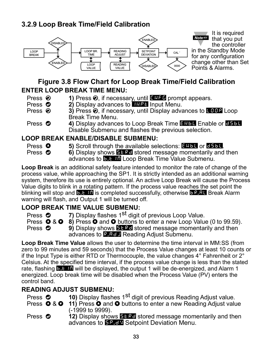 Omega CNI16D 8 Flow Chart for Loop Break Time/Field Calibration, Enter Loop Break Time Menu, Reading Adjust Submenu 