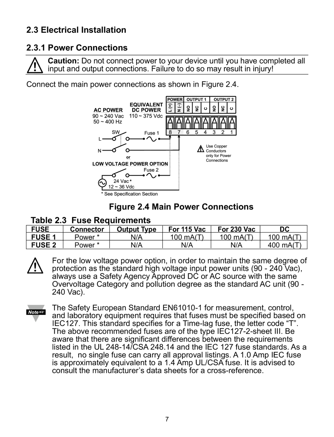 Omega CNiS16D, CNiS8DH, CNiS32 manual Electrical Installation Power Connections, Main Power Connections Fuse Requirements 