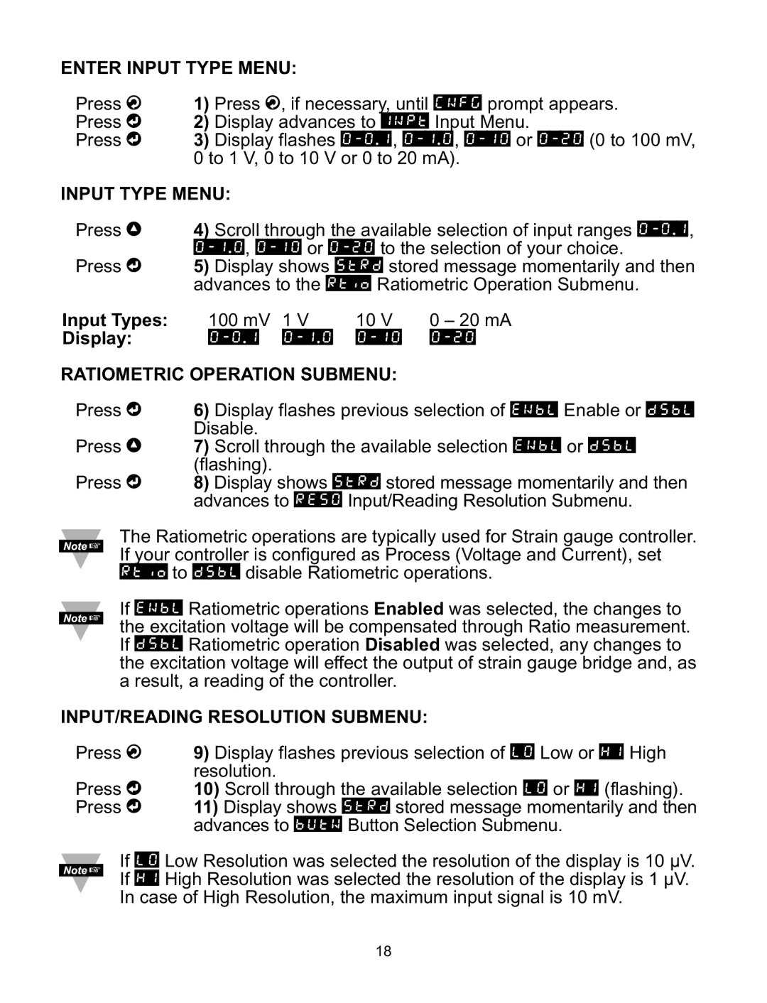 Omega CNiS8DH, CNiS16, CNiS32, CNiS8C Enter Input Type Menu, Ratiometric Operation Submenu, INPUT/READING Resolution Submenu 