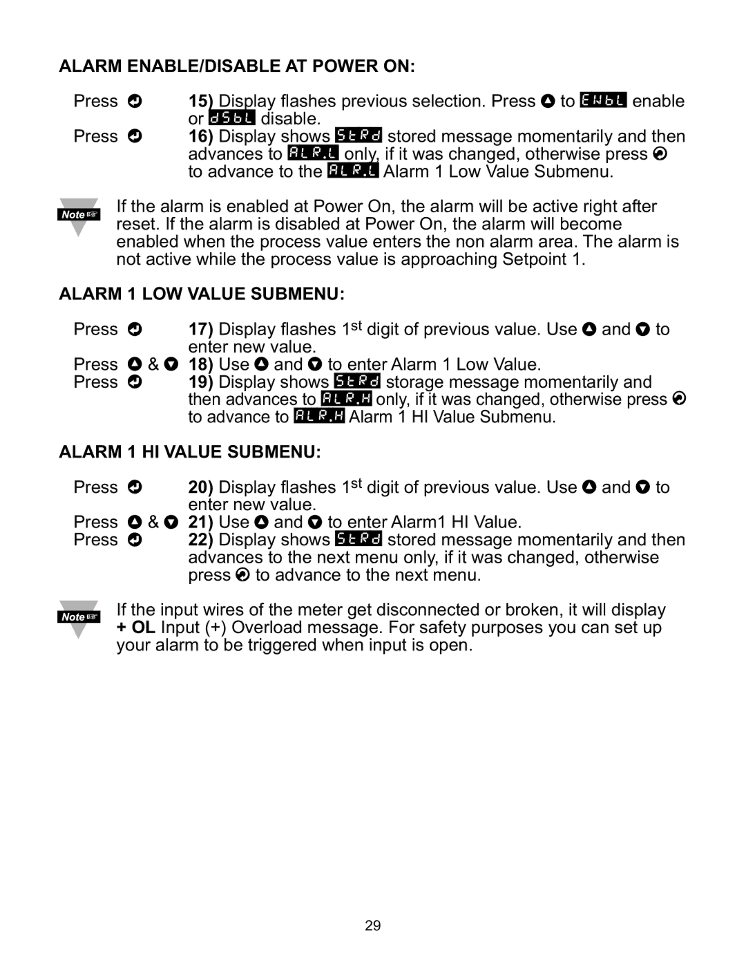 Omega CNiS8DV, CNiS8DH, CNiS16, CNiS32 Alarm ENABLE/DISABLE AT Power on, Alarm 1 LOW Value Submenu, Alarm 1 HI Value Submenu 