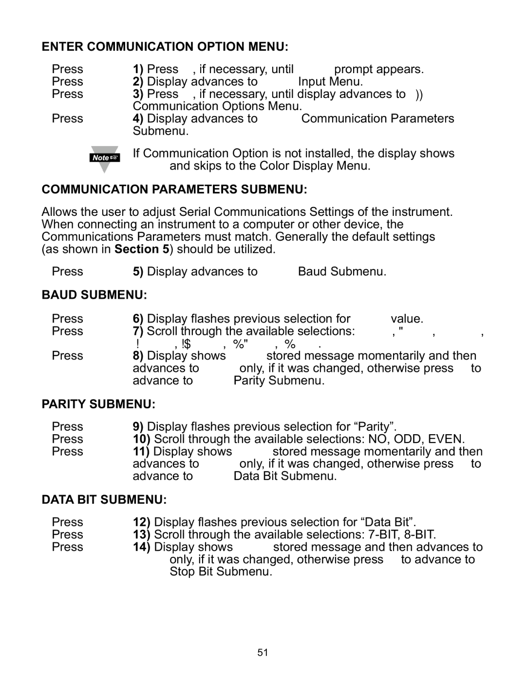 Omega CNiS8C, CNiS8DH manual Enter Communication Option Menu, Communication Parameters Submenu, Baud Submenu, Parity Submenu 