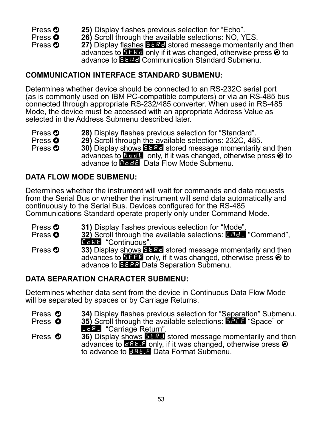 Omega CNiS8DH, CNiS16 Communication Interface Standard Submenu, Data Flow Mode Submenu, Data Separation Character Submenu 