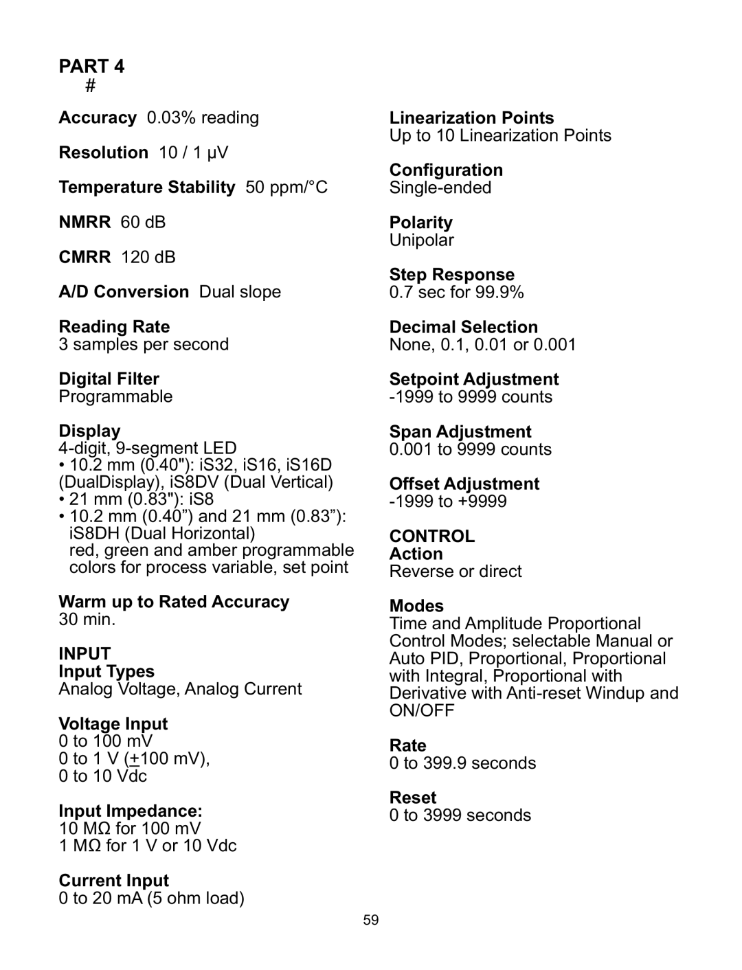 Omega CNiS8DH, CNiS32, CNiS16D, CNiS8DV, CNiS8C manual Part Specifications, Control 