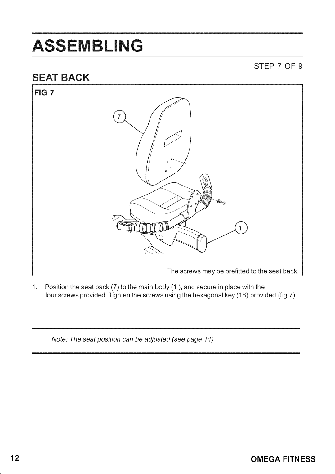 Omega CO-BR130 manual Seat Back, Omega Fitness 