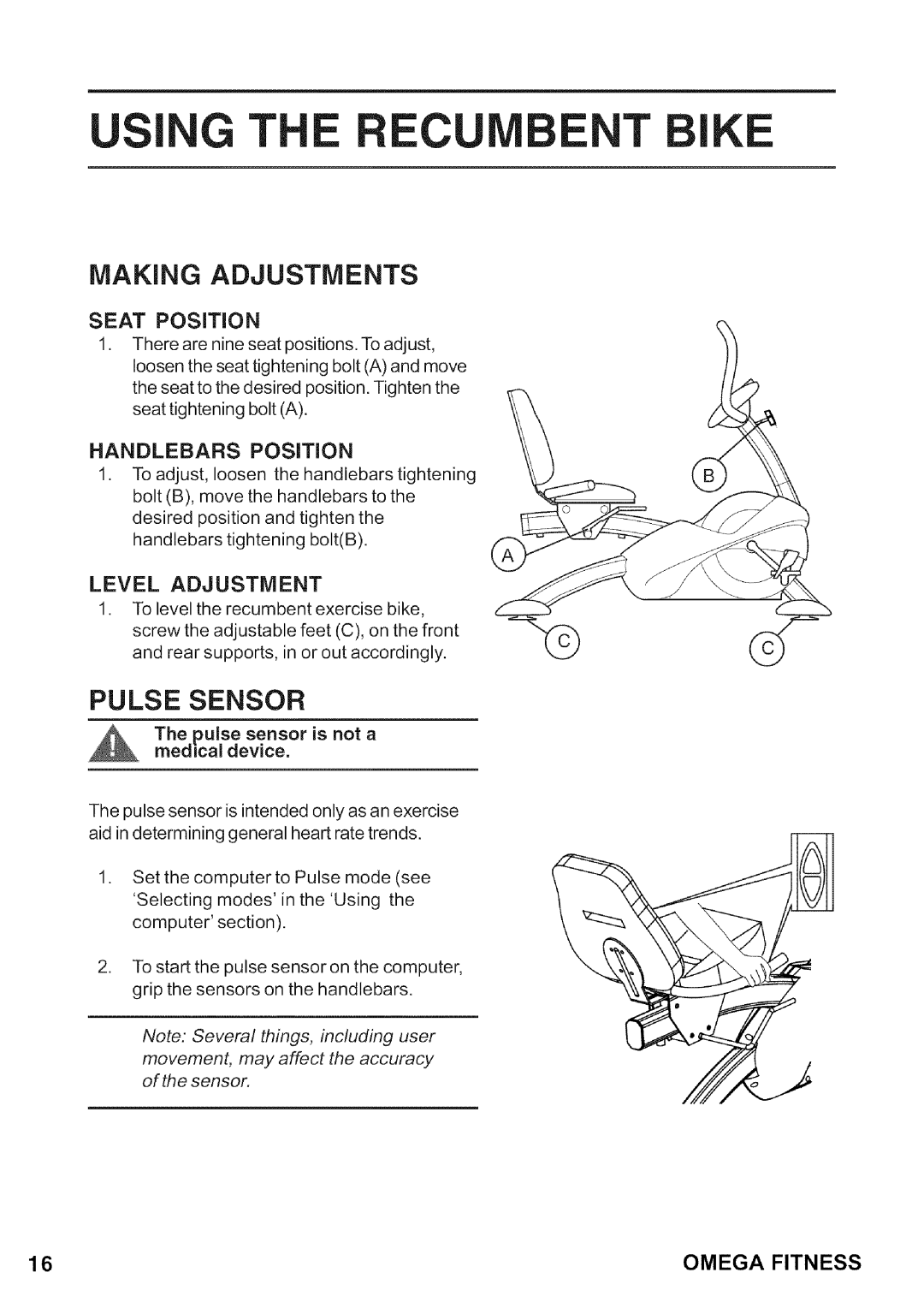 Omega CO-BR130 manual Making Adjustments, Pulse Sensor, Handlebars Position 