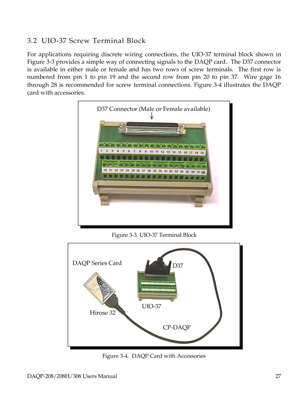 Omega DAQP-208, 208H, 308 user manual UIO-37 Screw Terminal Block, UIO-37 Terminal Block 