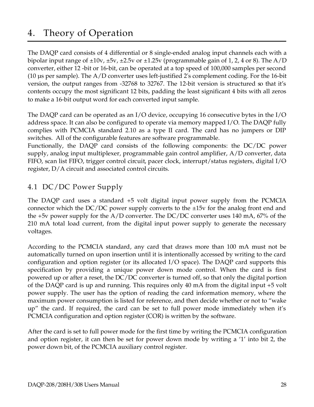 Omega 208H, DAQP-208, 308 user manual Theory of Operation, DC/DC Power Supply 