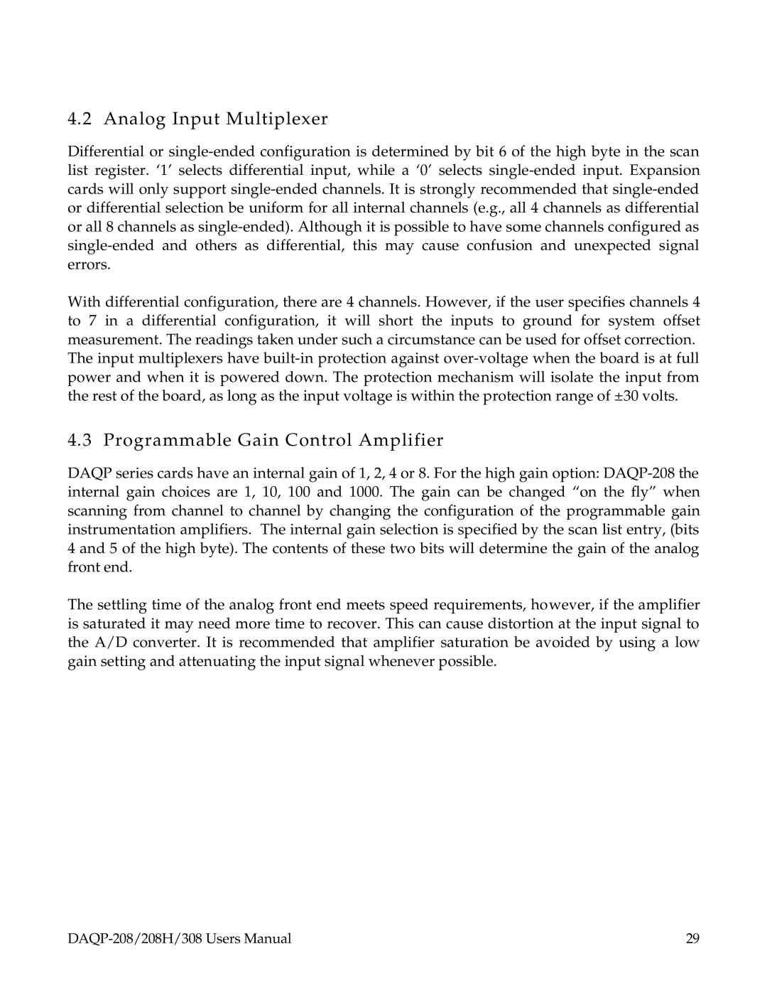 Omega 308, DAQP-208, 208H user manual Analog Input Multiplexer, Programmable Gain Control Amplifier 