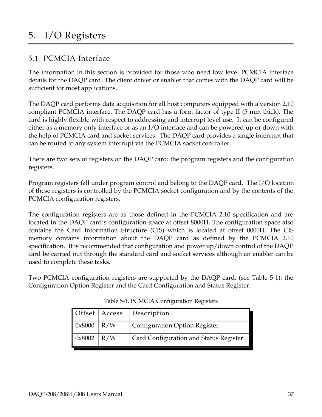 Omega 208H, DAQP-208, 308 user manual O Registers, Pcmcia Interface 