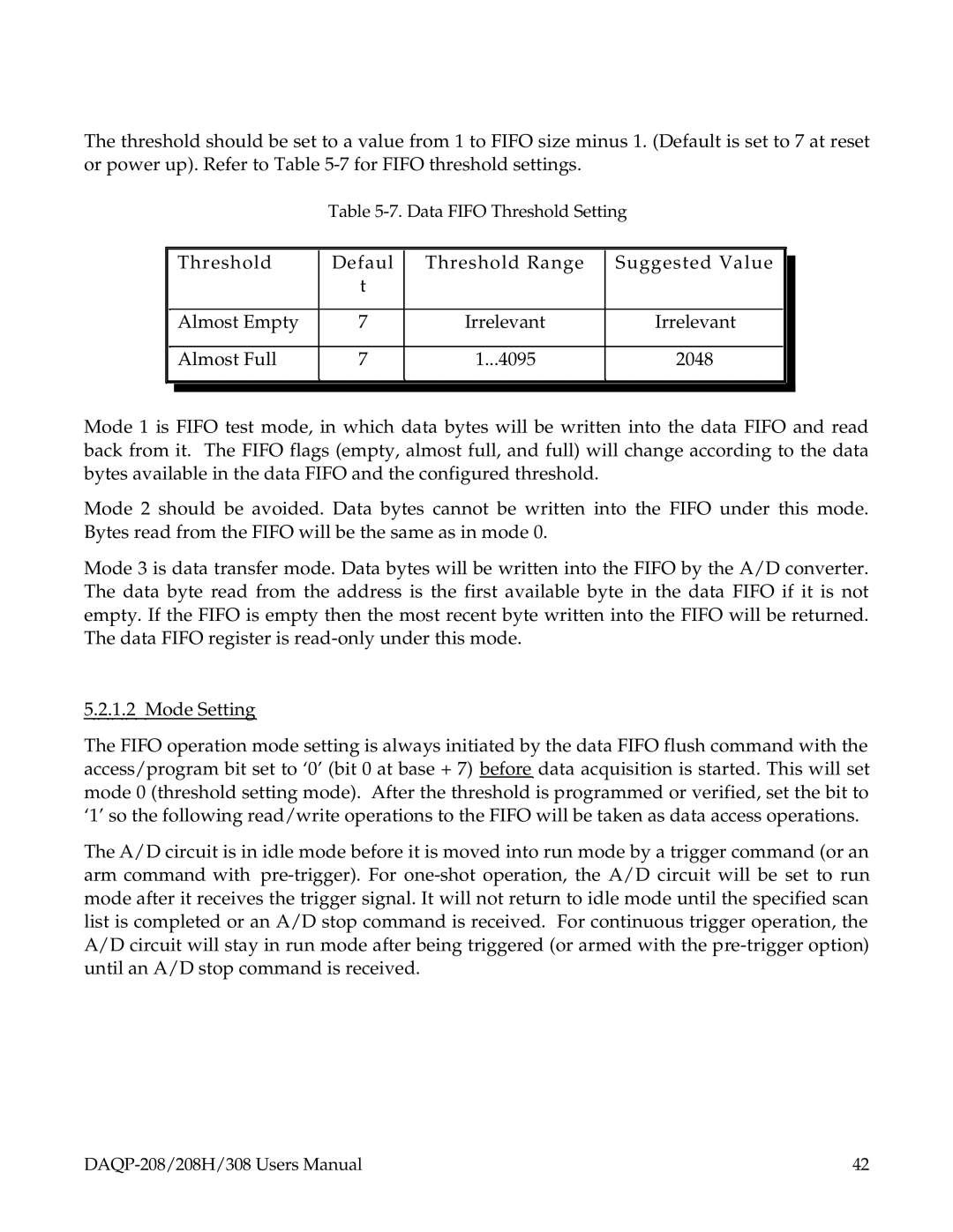 Omega DAQP-208, 208H, 308 user manual Data Fifo Threshold Setting 