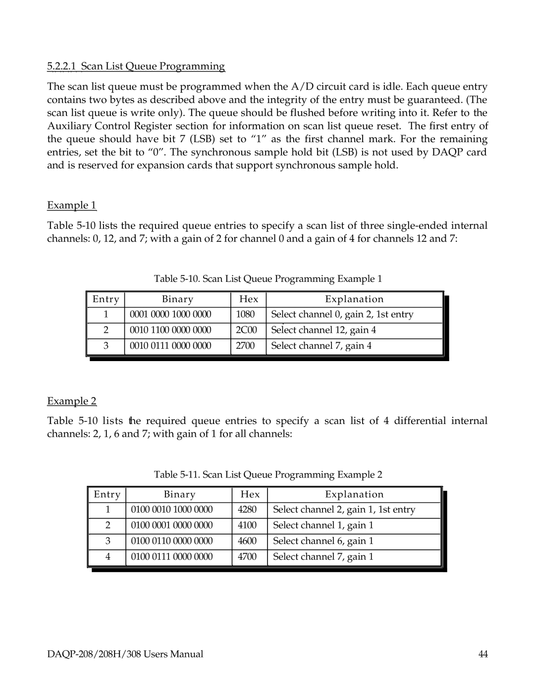 Omega 308, DAQP-208, 208H user manual Select channel 0, gain 2, 1st entry 