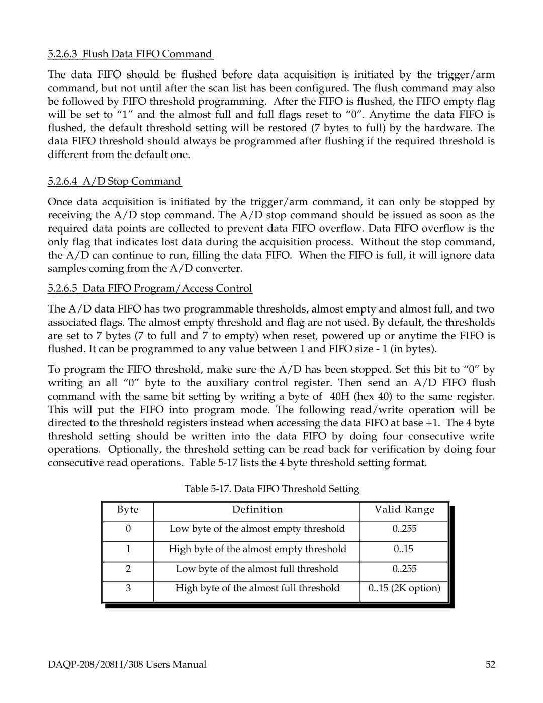 Omega 208H, DAQP-208, 308 user manual High byte of the almost full threshold 15 2K option 