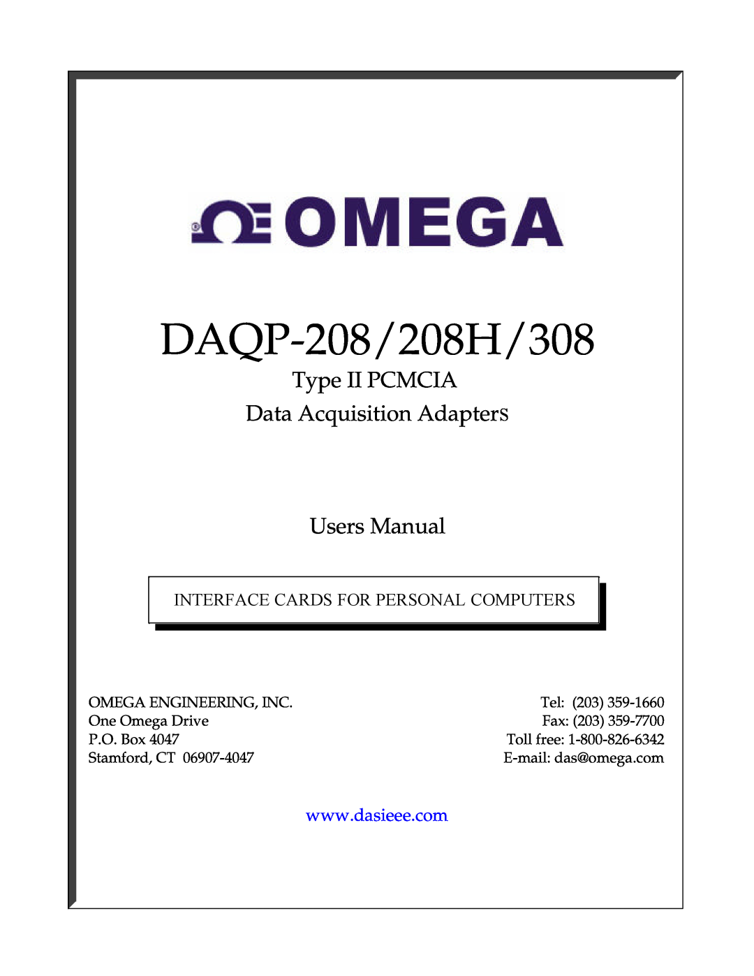 Omega user manual Type II PCMCIA, Data Acquisition Adapter s, DAQP-208/208H/308, Users Manual 