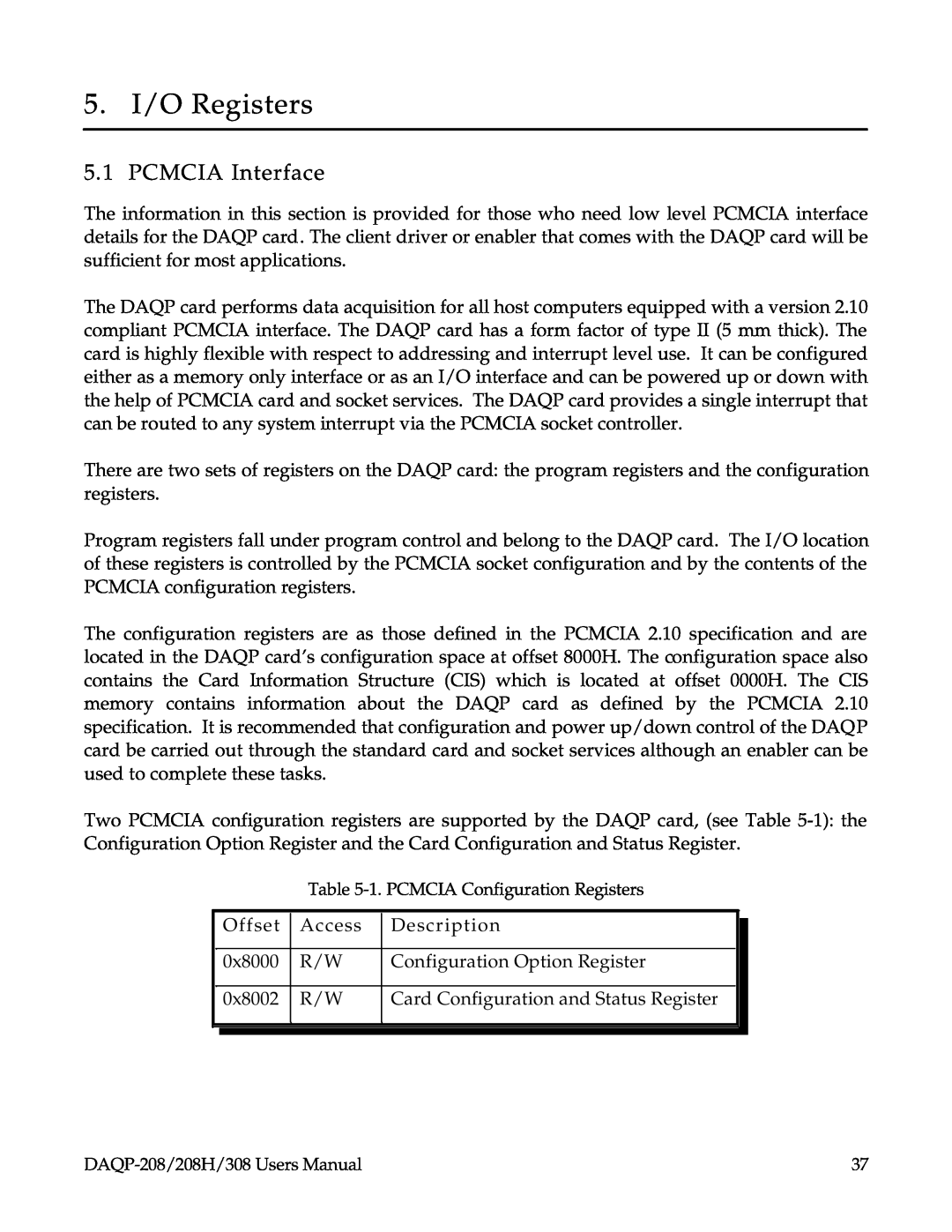 Omega 208H, DAQP-208, 308 user manual 5. I/O Registers, PCMCIA Interface 