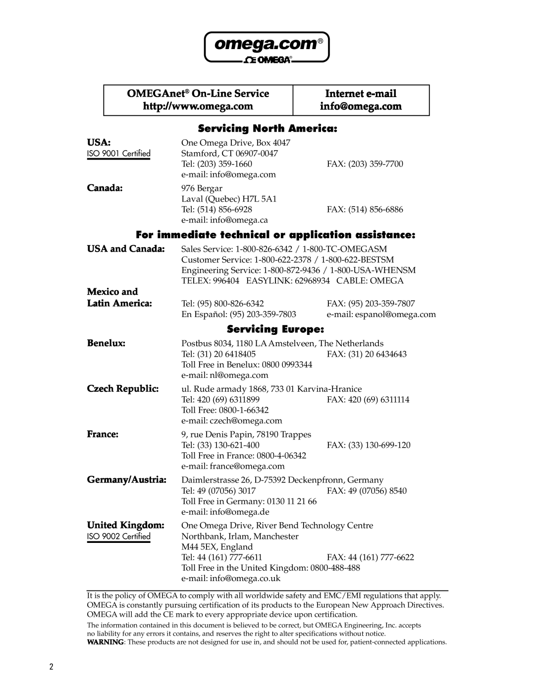 Omega DMD-476 manual Servicing North America, For immediate technical or application assistance, Servicing Europe 